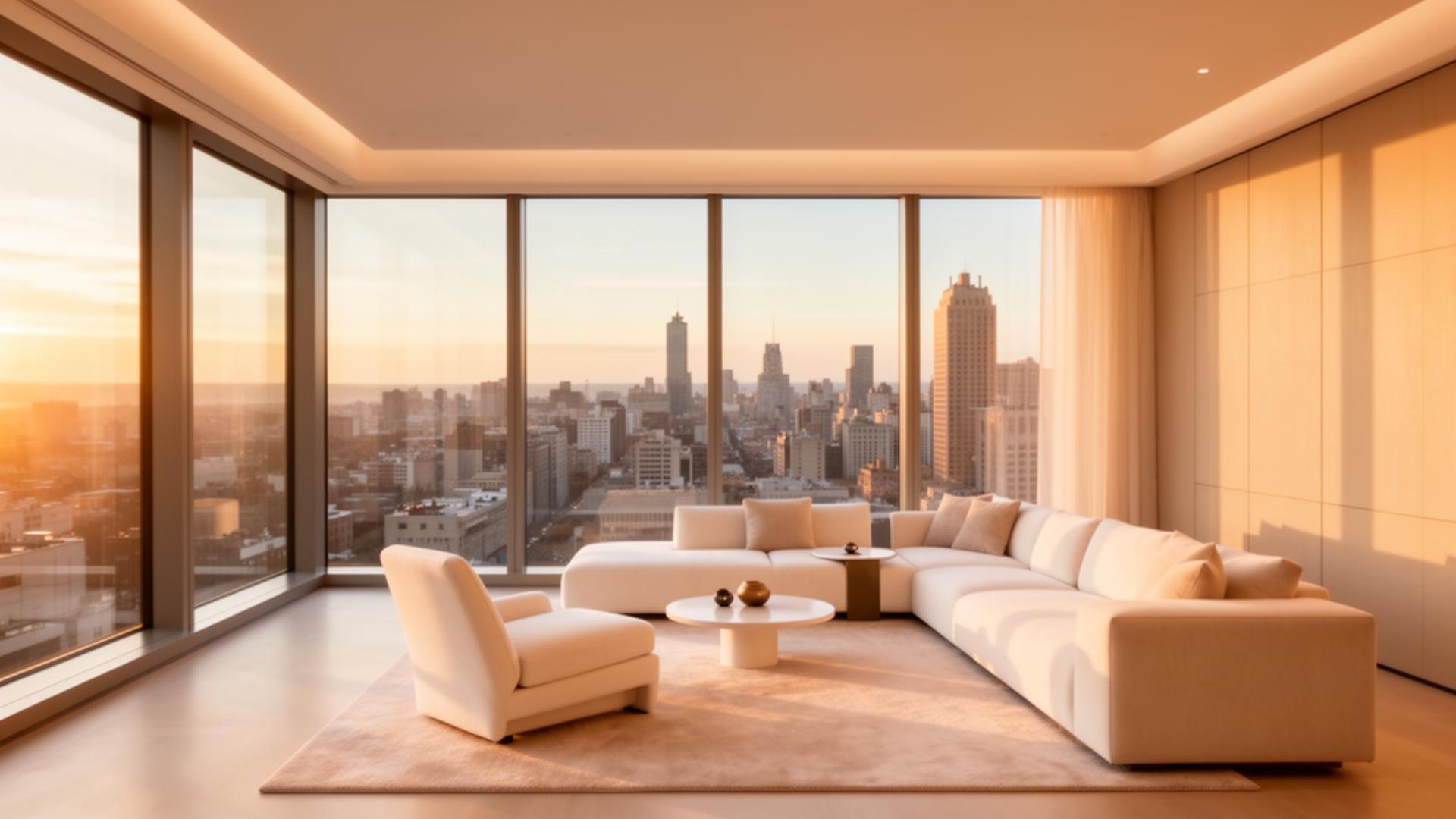 Modern apartment interior with city view
